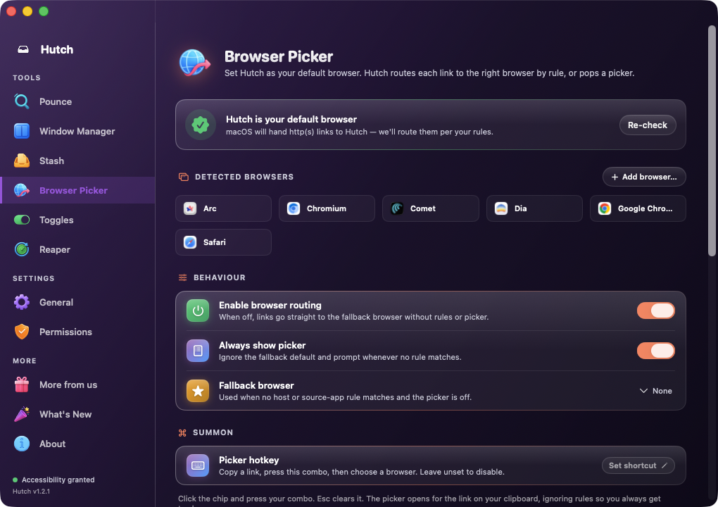 The Browser Picker settings — Hutch set as default browser, routing links across six detected browsers