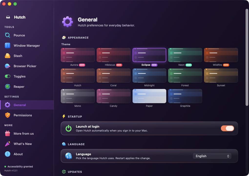 The Hutch settings dashboard — a sidebar of six tools with the theme picker open