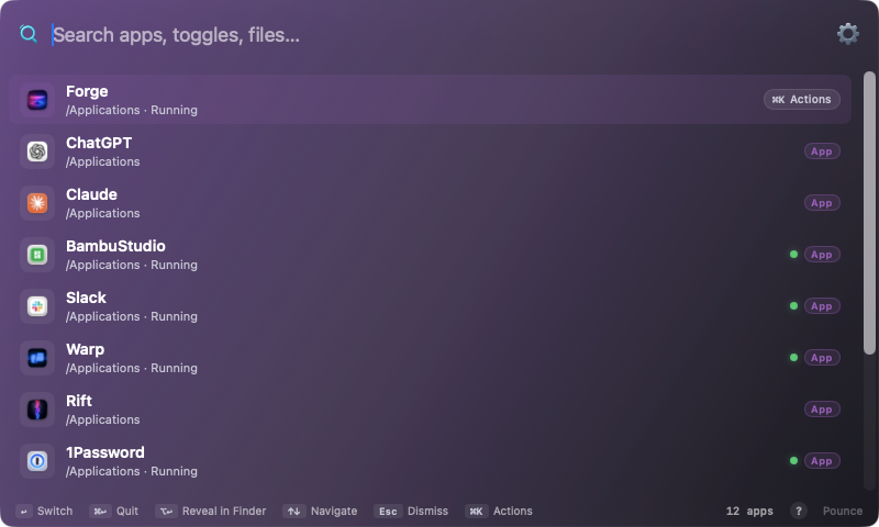 Pounce as an app launcher and switcher listing running apps