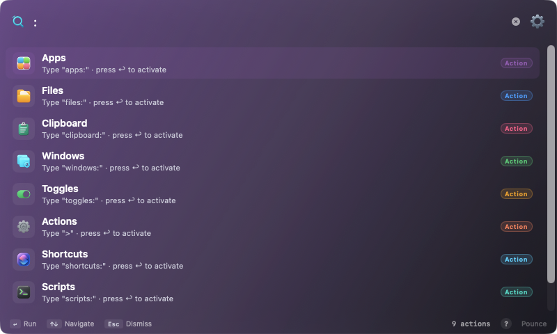 The Pounce launcher summoned with ⌘Space, browsing every search scope