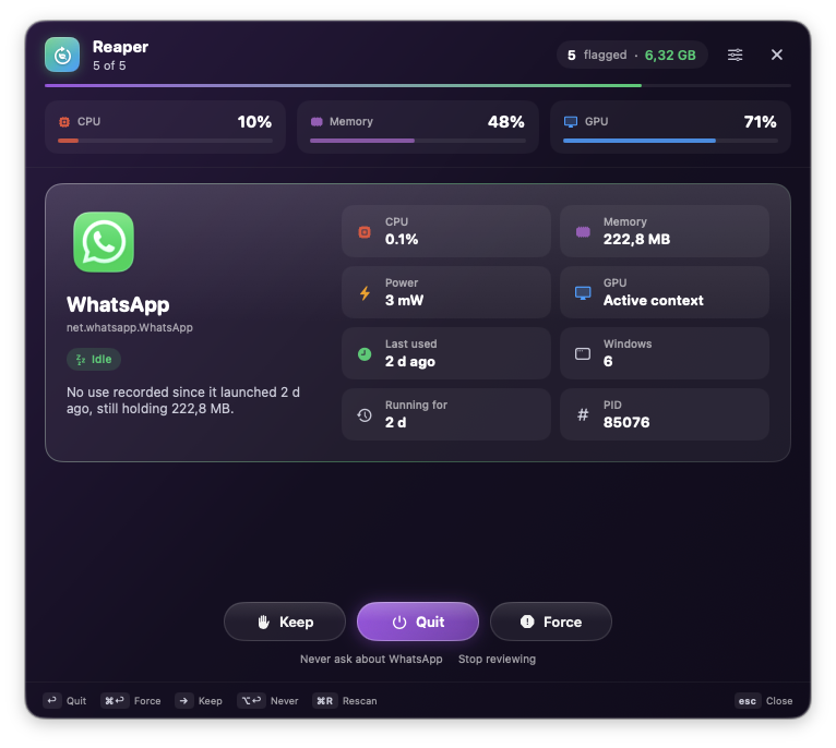 The Reaper review panel: WhatsApp flagged as idle for 2 days while holding 222 MB, with live CPU, memory, power and GPU readings and Keep, Quit and Force actions