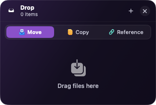The Stash shelf ready to receive files, with Move / Copy / Reference ingest modes