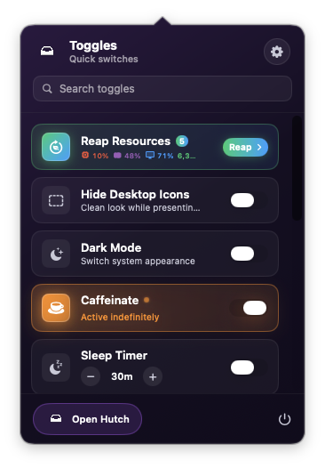 The Toggles popover with a Reap Resources action row plus switches for Hide Desktop Icons, Dark Mode, Caffeinate and a Sleep Timer