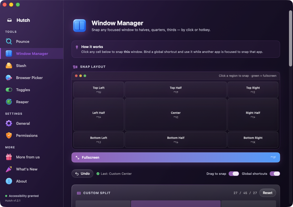 Hutch's Snap Layout grid — a 3×3 region picker with keyboard shortcuts and a Fullscreen bar